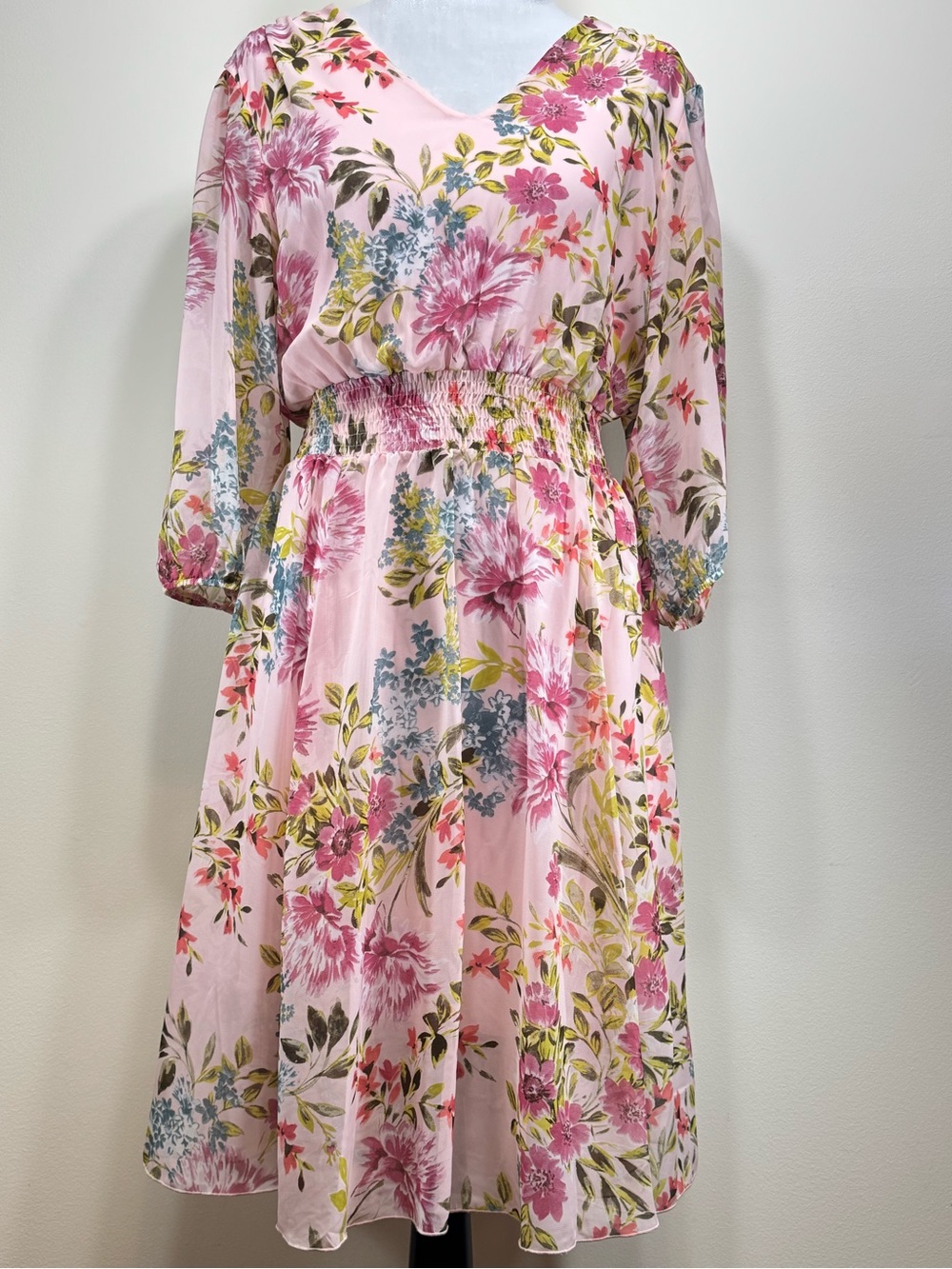 Kate & Lily Pink Floral Watercolor Chiffon Overlay Dress Sheer Sleeves Size 12